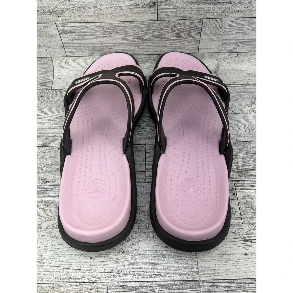 Crocs Women Slide Sandals Brown Pink‎ Dual Strap Slip On Shoes Size 11